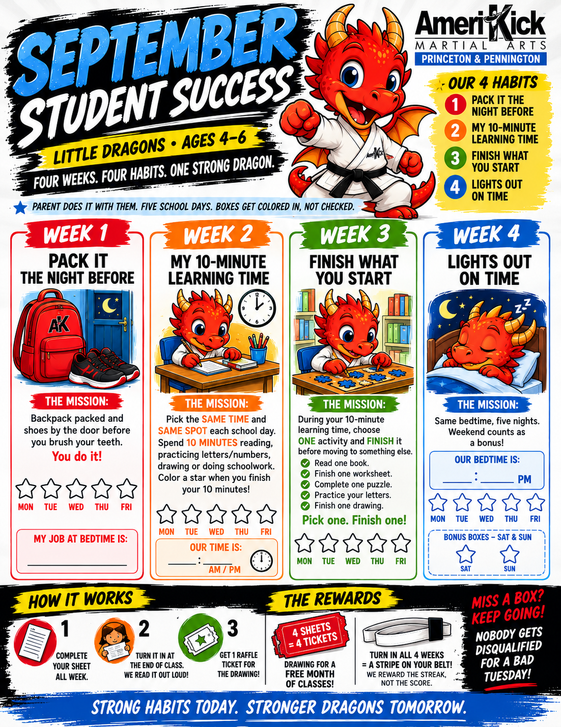 September Student Success Challenge sheet for Little Dragons ages 4 to 6: pack it the night before, 10-minute learning time, finish what you start, lights out on time