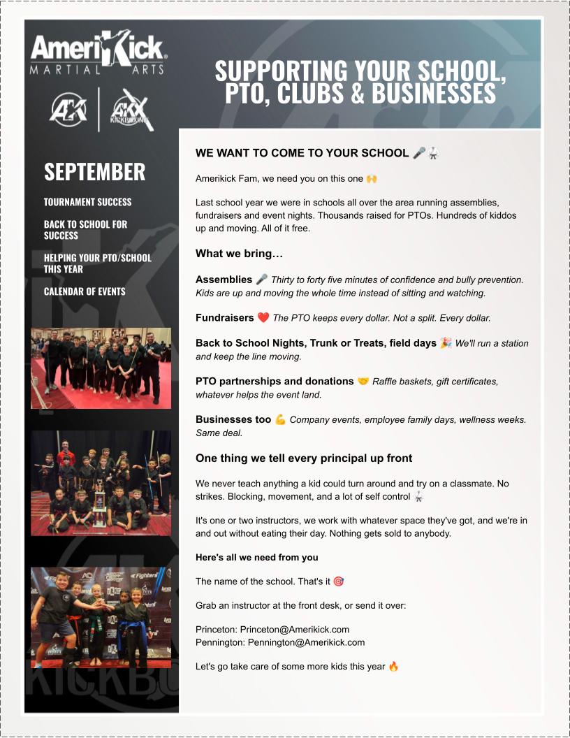 September 2026 Amerikick Newsletter — Supporting your school, PTO, clubs and businesses