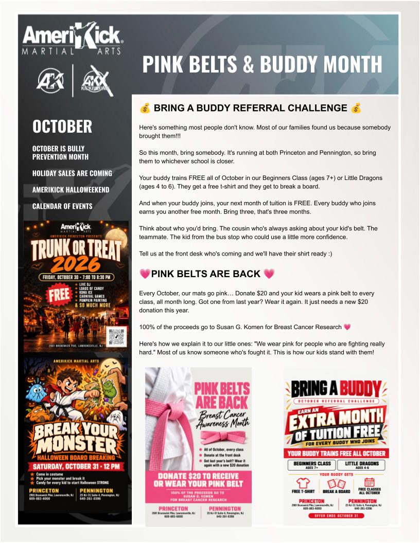 October 2026 Amerikick Newsletter — Bring a Buddy referral challenge and Pink Belts for breast cancer research