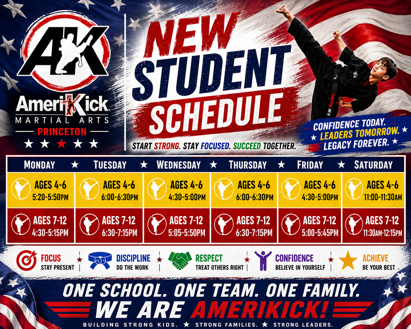 Amerikick Princeton new student class schedule for ages 4-6 and 7-12, Monday through Saturday