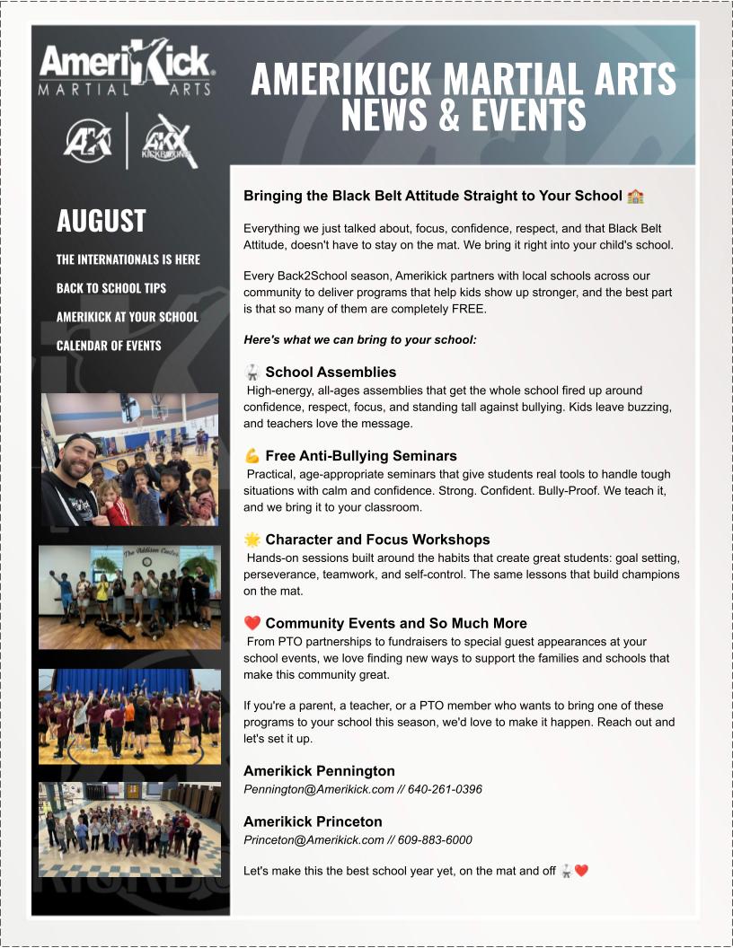 August 2026 Amerikick Newsletter — Amerikick at your school: assemblies, anti-bullying seminars and workshops