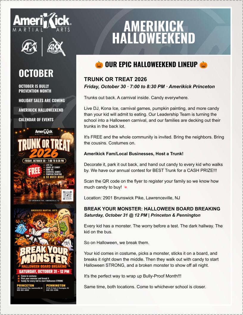 October 2026 Amerikick Newsletter — Halloweekend: Trunk or Treat and Break Your Monster board breaking