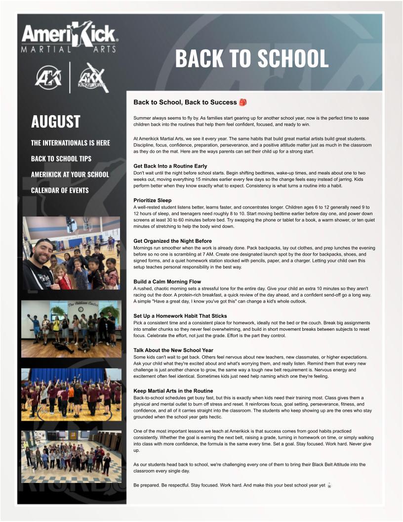 August 2026 Amerikick Newsletter — Back to School, Back to Success tips for parents