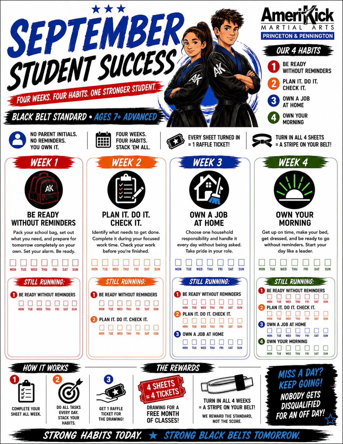 September Student Success Challenge sheet, Black Belt Standard for advanced students: be ready without reminders, plan it do it check it, own a job at home, own your morning