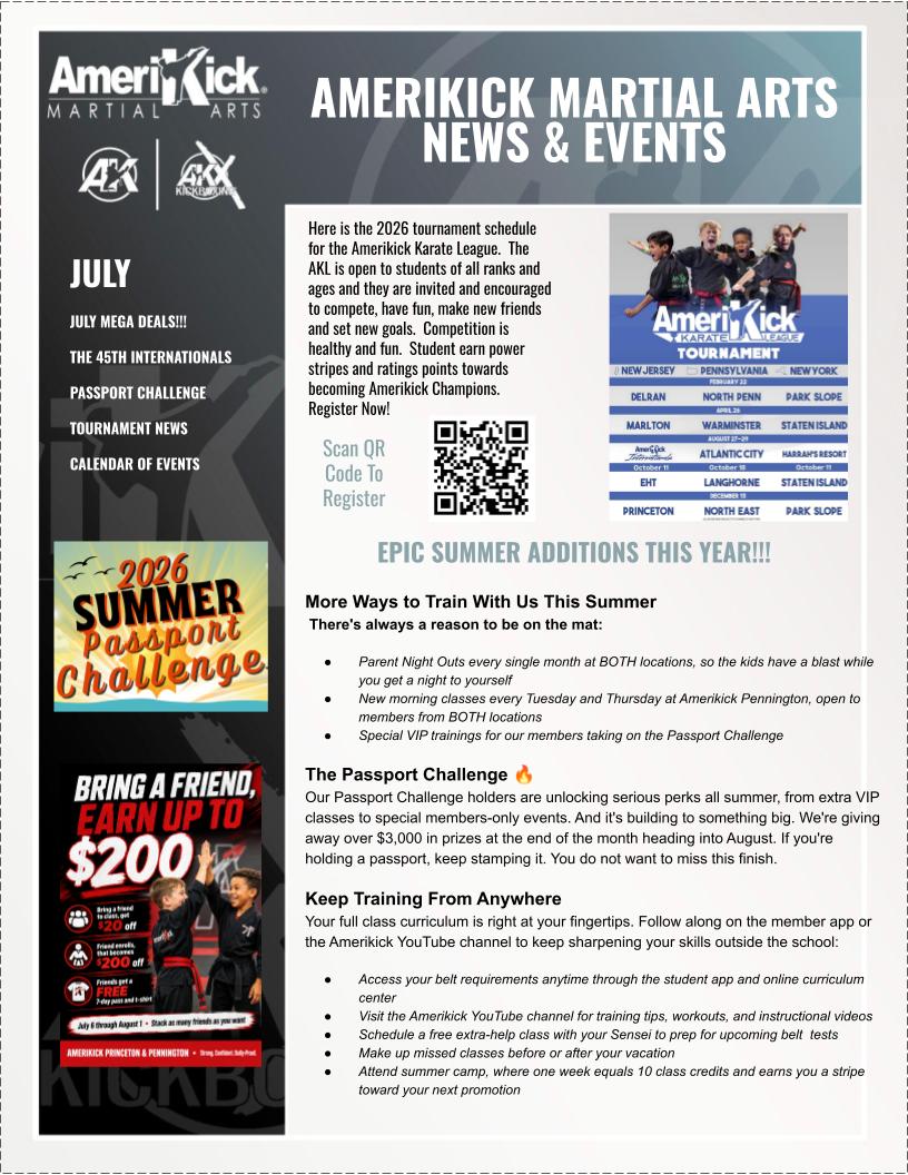July 2026 Amerikick Newsletter — News, Events, Passport Challenge, Tournament Schedule