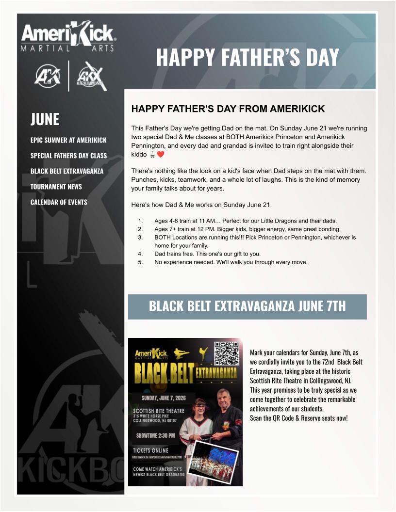 June 2026 Amerikick Newsletter — Happy Father's Day & Black Belt Extravaganza June 7