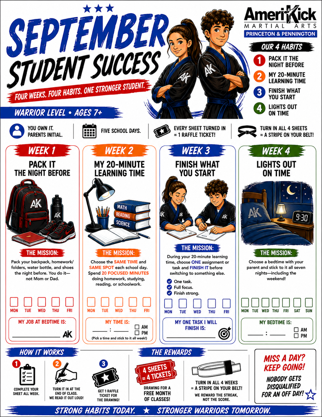 September Student Success Challenge sheet for Warrior Level ages 7 and up: pack it the night before, 20-minute learning time, finish what you start, lights out on time